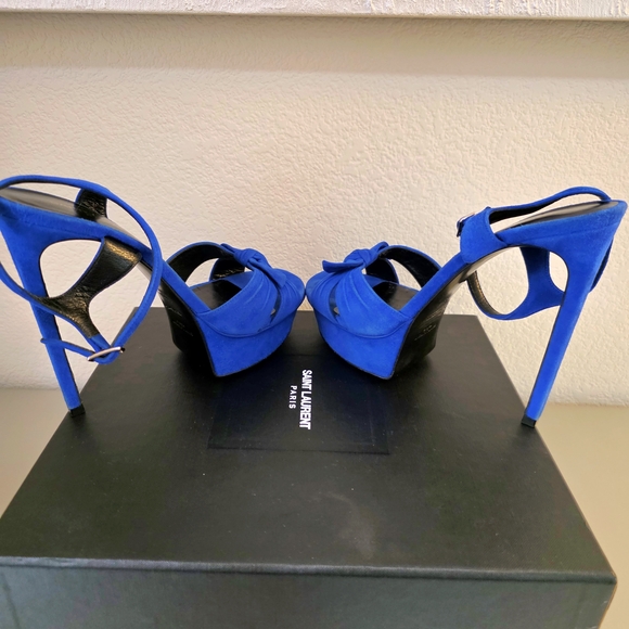 Saint Laurent YSL Blue Suede Platform Stiletto Ankle Strap Buckle Heels EU 38.5 - Picture 4 of 11